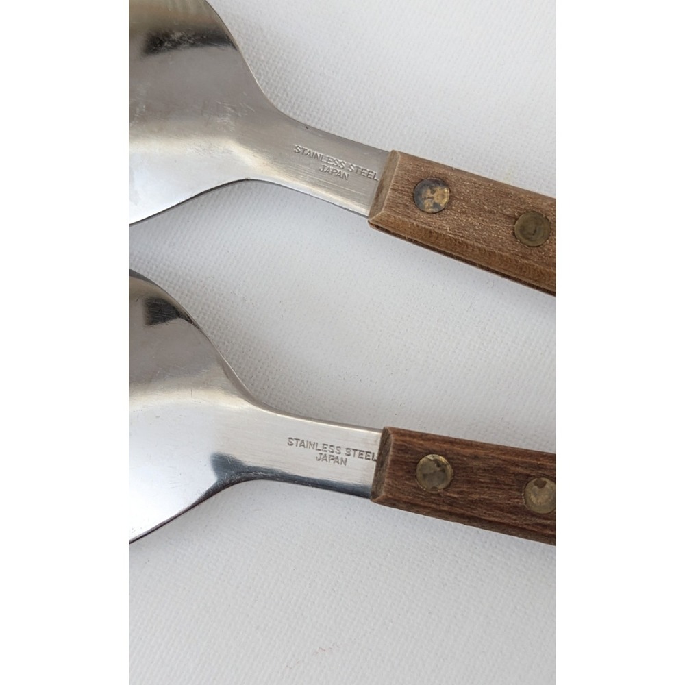Vintage MCM Stainless Steel Wood Handle Salad Tongs Serving Fork Spoon Japan - Picture 5 of 7